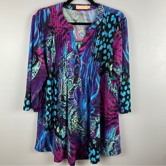 La Cera Pleat Front Printed Tunic Blue Purple Large - Picture 4 of 13